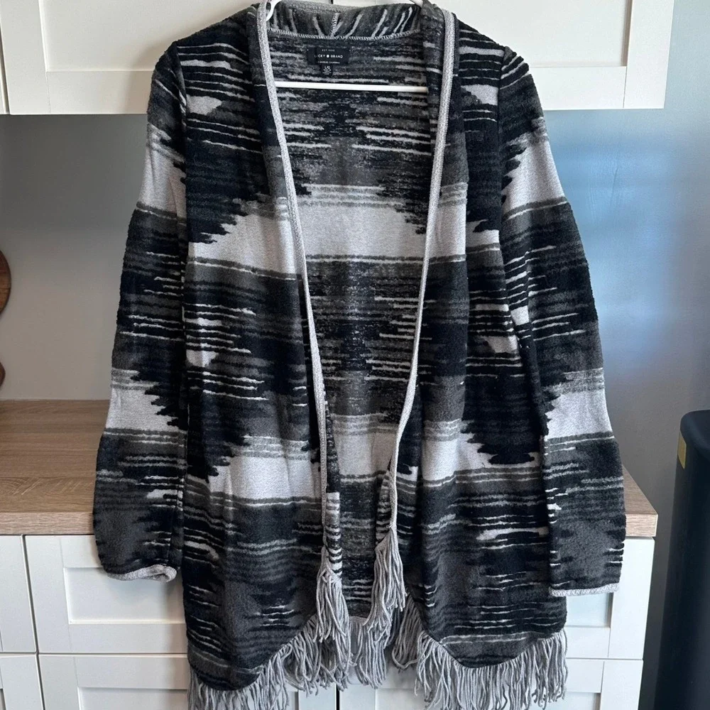Lucky Brand Women Southwestern Cardigan Sweater Black Gray Fringe Aztec Tribal L
